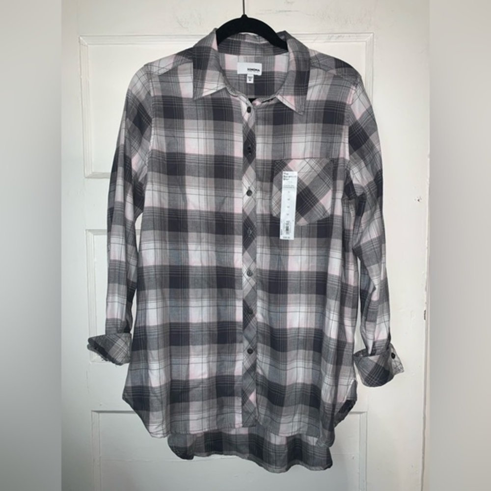 NWT Sonoma gray‎ and soft pink plaid button up shirt size medium